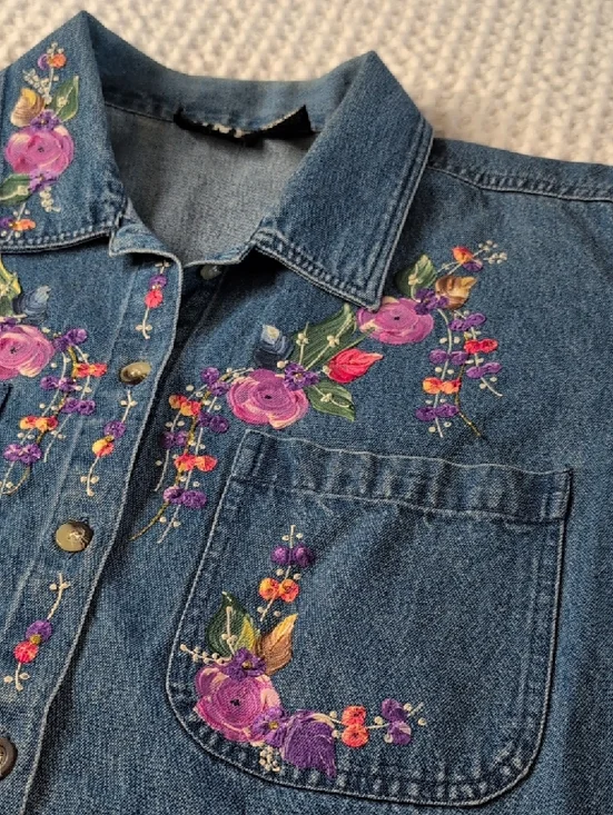 Painted Floral Blue Denim Jacket by Ptny - Picture 8 of 10